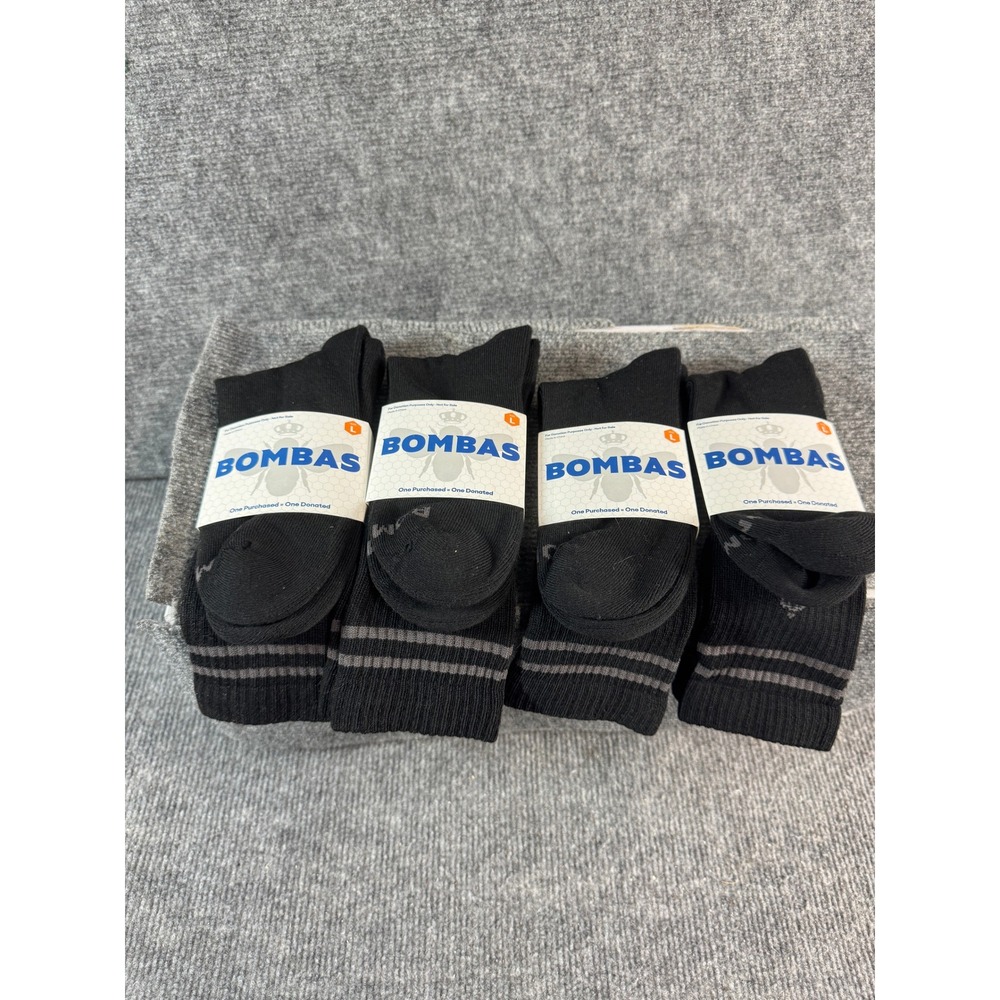 Bombas Black Crew Socks 4 Pair Lot Size Large Honeycomb Arch Support Striped